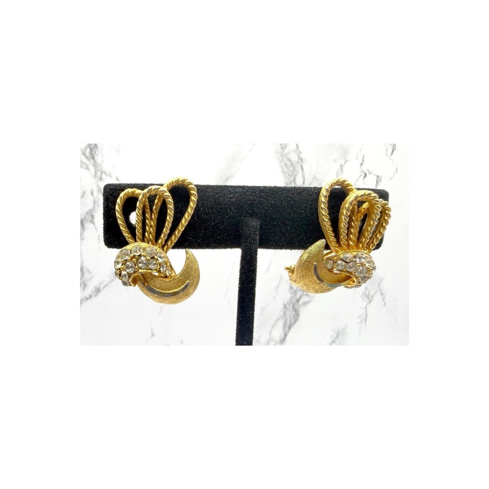 BSK Bow Earrings Vintage Gold Tone Rhinestone Clip On 1"